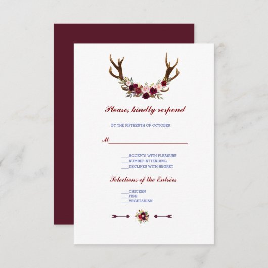 Burgundy Marsala Floral Antlers Wedding RSVP (Vorne/Hinten)