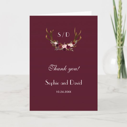 Burgundy Marsala Floral Antlers Wedding Vielen Dan Dankeskarte (Vorderseite)