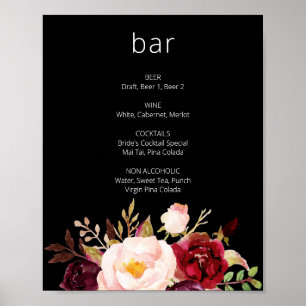 Burgundy Marsala Floral Bar Sign Black Poster