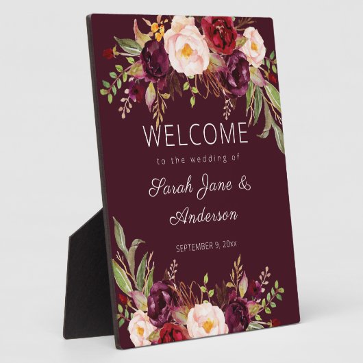 Burgundy Marsala Floral Begrüßungszeichen Fotoplatte (Seite)