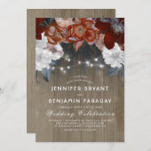 Burgundy Marsala Floral Chic String Lights Hochzei Einladung (Vorne/Hinten)