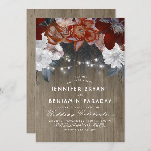 Burgundy Marsala Floral Chic String Lights Hochzei Einladung (Vorne/Hinten)