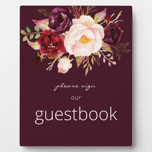 Burgundy Marsala Floral Gästebuch signieren Burgun Fotoplatte (Vorderseite)