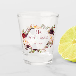 Burgundy Marsala Floral Geometric Monogram Schnapsglas