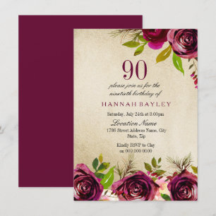 Burgundy Marsala Floral Gold 90. Geburtstag Einlad Einladung