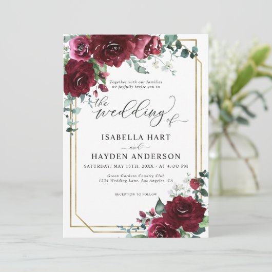 Burgundy Marsala Floral Gold Frame Wedding Einladung (Stehend Vorderseite)
