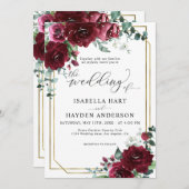 Burgundy Marsala Floral Gold Frame Wedding Einladung (Vorne/Hinten)