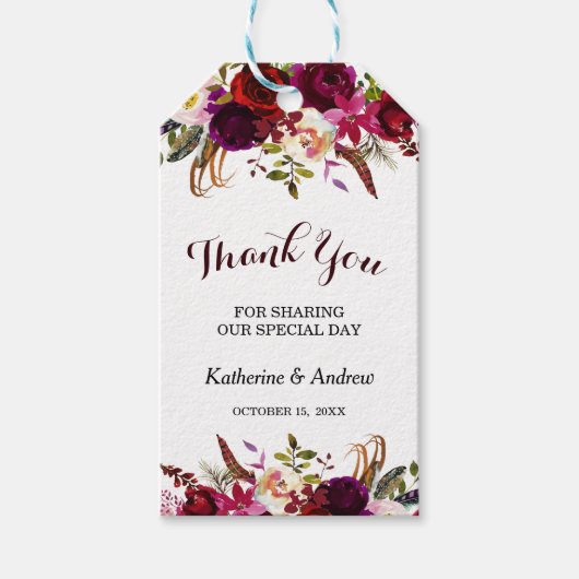 Burgundy Marsala Floral Herbsthochzeit Vielen Dank Geschenkanhänger (Vorderseite)