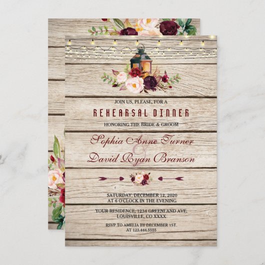 Burgundy Marsala Floral Lantern Probe Dinner Einladung (Vorne/Hinten)