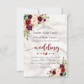 Burgundy Marsala Floral Marble Handwriting Wedding Einladung (Vorderseite)