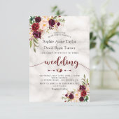 Burgundy Marsala Floral Marble Handwriting Wedding Einladung (Stehend Vorderseite)