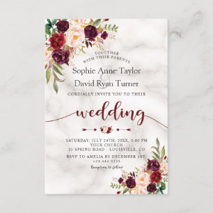 Burgundy Marsala Floral Marble Handwriting Wedding Einladung