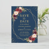 Burgundy Marsala Floral Navy Blue Gold Geometric Save The Date (Stehend Vorderseite)