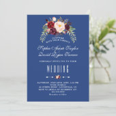 Burgundy Marsala Floral Navy Blue Wedding Einladung (Stehend Vorderseite)
