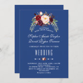 Burgundy Marsala Floral Navy Blue Wedding Einladung (Vorne/Hinten)