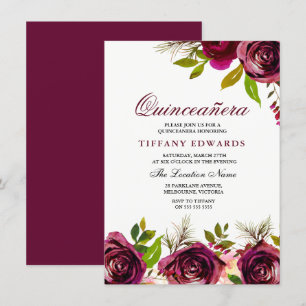 Burgundy Marsala Floral Quinceañera Einladung