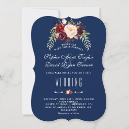 Burgundy Marsala Floral Royal Navy Blue Wedding Einladung