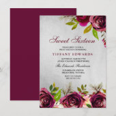 Burgundy Marsala Floral Silber Sweet 16 Einladung (Vorne/Hinten)