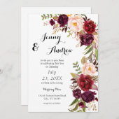 Burgundy Marsala Floral Wedding 3 White Einladung (Vorne/Hinten)