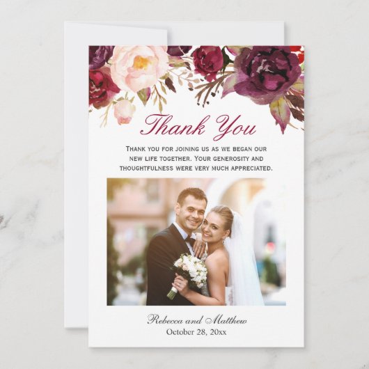 Burgundy Marsala Floral Wedding Foto Vielen Dank Dankeskarte (Vorderseite)