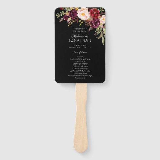 Burgundy Marsala Floral Wedding Program Black V2 Fächer (Vorderseite)