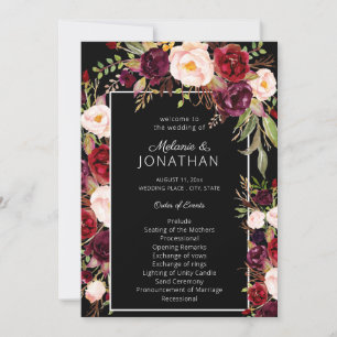 Burgundy Marsala Floral Wedding Program Black V3 Einladung