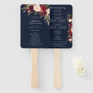 Burgundy Marsala Floral Wedding Program Navy V2 Fächer
