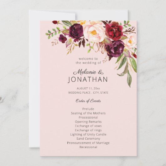 Burgundy Marsala Floral Wedding Program Pink V2 Einladung (Vorderseite)