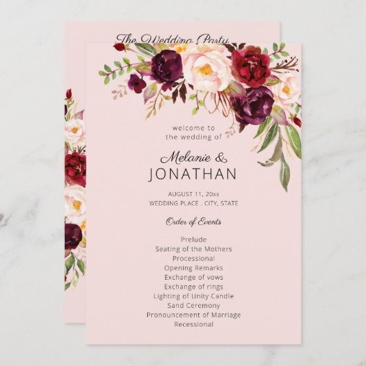 Burgundy Marsala Floral Wedding Program Pink V2 Einladung (Vorne/Hinten)