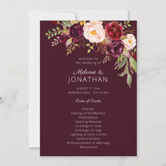 Burgundy Marsala Floral Wedding Program V2 Einladung (Vorderseite)