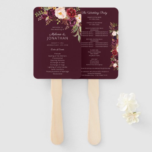 Burgundy Marsala Floral Wedding Program V2 Fächer (Vorne und Hinten)