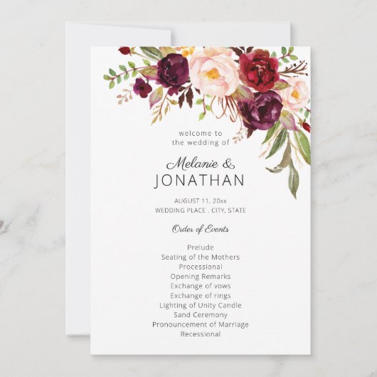 Burgundy Marsala Floral Wedding Program White V2 Einladung (Vorderseite)