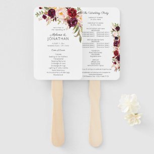 Burgundy Marsala Floral Wedding Program White V2 Fächer
