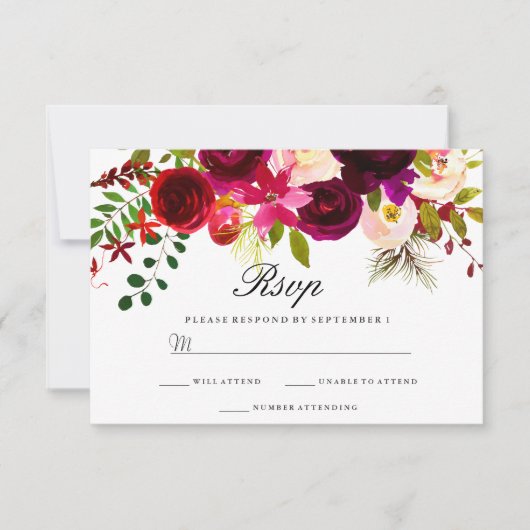 Burgundy Marsala Floral Wedding RSVP Karte (Vorderseite)