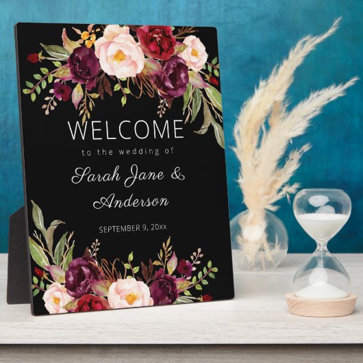 Burgundy Marsala Floral Welcome Sign - Black Fotoplatte (Seite)