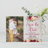 Burgundy Marsala Floral Wood Save the Date Foto (Stehend Vorderseite)