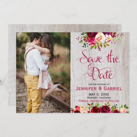 Burgundy Marsala Floral Wood Save the Date Foto (Vorne/Hinten)