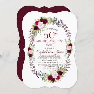 Burgundy Marsala Floral Wreath 50. Geburtstag Einladung