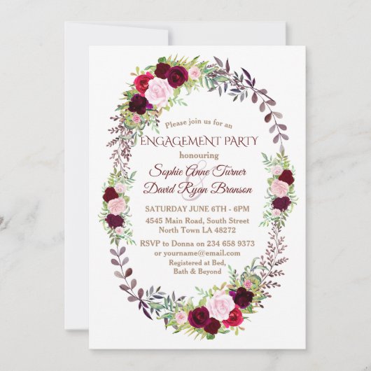 Burgundy Marsala Floral Wreath Engagement Party Einladung (Vorderseite)