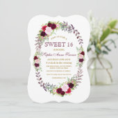 Burgundy Marsala Floral Wreath Sweet 16 Einladung (Stehend Vorderseite)