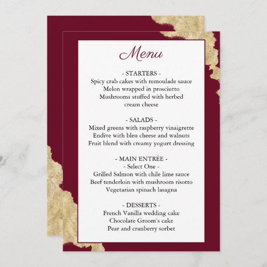 Burgundy Marsala & Gold Wedding Menu Menükarte (Vorne/Hinten)
