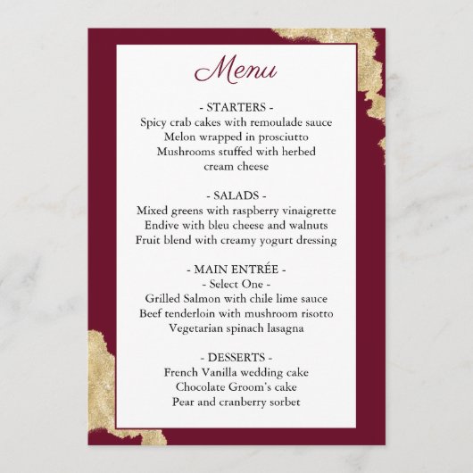 Burgundy Marsala & Gold Wedding Menu Menükarte (Vorderseite)