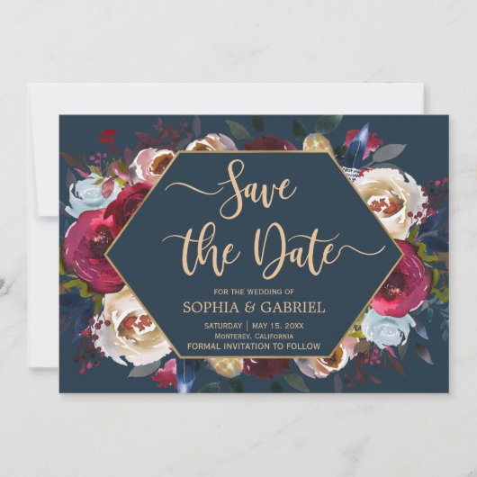 Burgundy Marsala Navy Floral | SAVE THE DATE (Vorderseite)