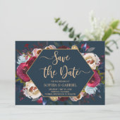 Burgundy Marsala Navy Floral | SAVE THE DATE (Stehend Vorderseite)