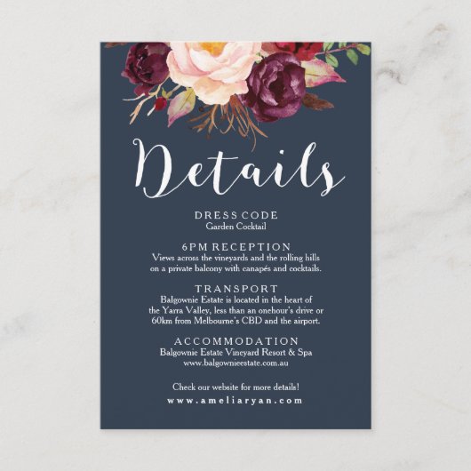 Burgundy Marsala Navy Wedding Details Card Begleitkarte (Vorderseite)