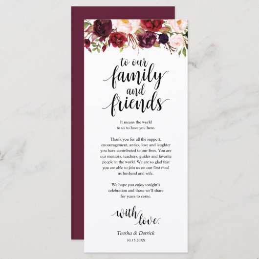 Burgundy Marsala, Platz Einstellung Dankeschön Kar Programm (Vorne/Hinten)