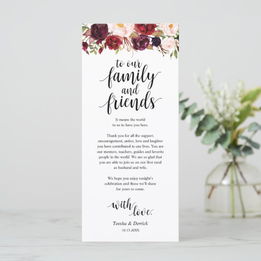 Burgundy Marsala, Platz Einstellung Dankeschön Kar Programm (Stehend Vorderseite)