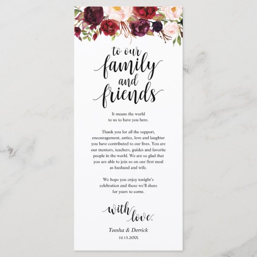 Burgundy Marsala, Platz Einstellung Dankeschön Kar Programm (Vorderseite)