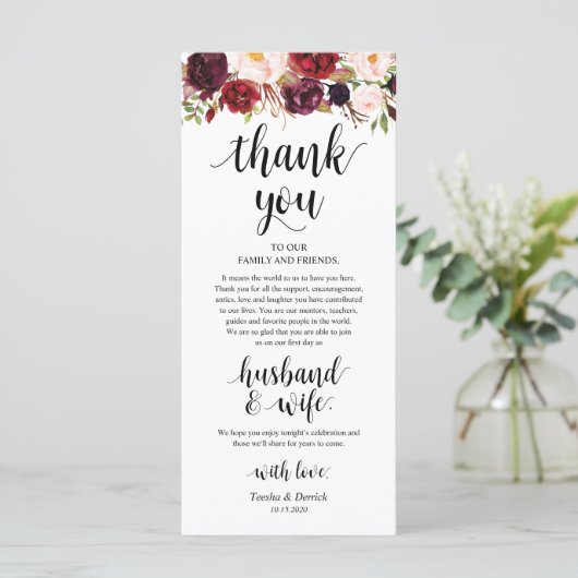 Burgundy Marsala, Platz Einstellung Dankeschön Kar Programm (Stehend Vorderseite)