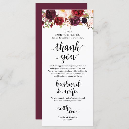 Burgundy Marsala, Platz Einstellung Dankeschön Kar Programm (Vorne/Hinten)